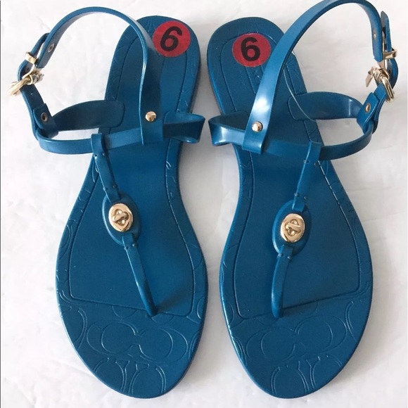 Coach Teal Turquoise T-Strap Thong Jelly Sandal 6 - Picture 1 of 4